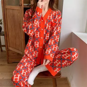 Women s Spring and Fall Pajamas Homewear Set Huar Mian Female Loose Cardigan Sweet Cartoon Homewear Women s Suit M красный