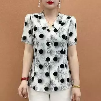 Women s Spring and Summer Big Yards Short-sleeved Printed T-shirt Middle-aged and Elderly V-neck Loose Belly-shading Thin Blouse 5XL