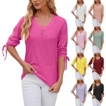 Женские весенне-летние свободные футболки на пуговицах с v-образным вырезом, однотонные, со средними рукавами, топы XL винный