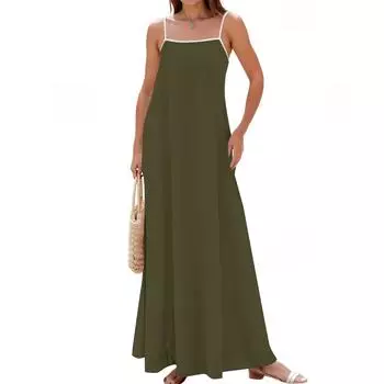 Women s Spring And Summer Casual Fashion Adjustable Suspender Solid Color Long Dress L армия зеленый