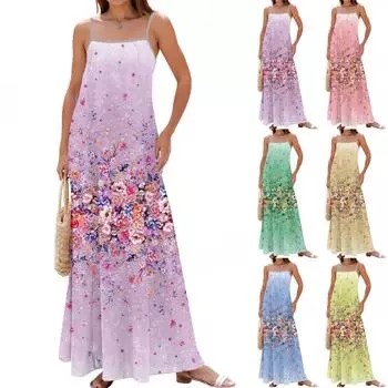 Women s Spring And Summer Casual Fashion Adjustable Suspenders Printed Long Dress L