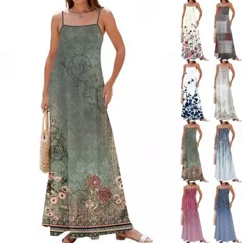 Women s Spring And Summer Casual Fashion Adjustable Suspenders Printed Long Dress L