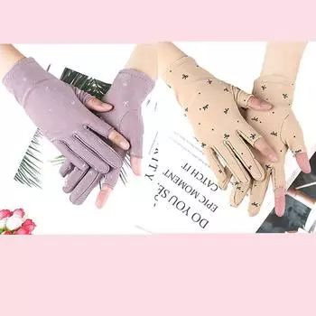 Women s Spring and Summer Elastic Open Finger Tea Gloves [Bean paste + beige] 2 pairs