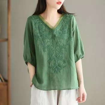 Women s Spring and Summer Loose Thin Section V-neck Heavy Embroidery Casual Versatile Thin Breathable Shirt S