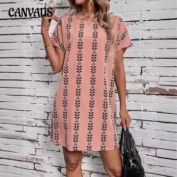 Women s Spring and Summer New Holiday Leisure Fashion Printing Bat Sleeve Round Neck Loose Dresses S чёрный