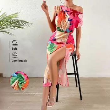 Women s Spring and Summer Slim-fitting and Sexy Printed Cross-neck Slit Dress S розы красного