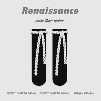 Women s Spring and Summer Style Thin Knitted Solid Color Lace Breathable Calf Socks 1 pair чёрный