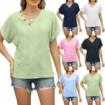 Women s Spring and Summer T-shirt New V-neck Jacquard Buttons Short-sleeved Loose Hollow Blouse S белый