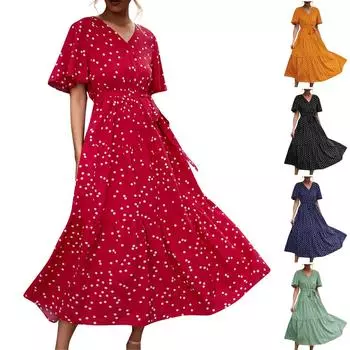 Женское весеннее и летнее платье с v-образным вырезом и крестиком в горошек с кружевным платьем S красный