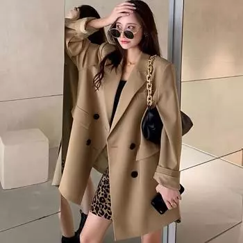 Women s Spring Autumn Loose Temperament Suit Jacket Fashion High Street Double Breasted Blazers Casual Pockets Office Coat S хаки