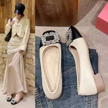 Женские весенние повседневные туфли-балетки с квадратным носком, на низком каблуке, на мягкой подошве, со стразами, элегантные французские ретро женские туфли с квадратным носком 35