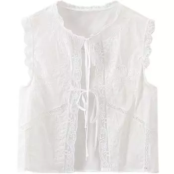 Women s Spring Clothing Slim Looking All-Matching Sleeveless Embroider Bows White XS