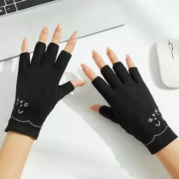 Women s Spring & Fall Working Student Writing Nail Half Finger Gloves De Rong [Half Finger] Embroider Cat-Black One size