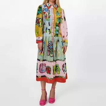 Women s Spring Fashion Bohemian Printed Tie High Waist Long Sleeve V-Neck Waist Dresses M жёлтый