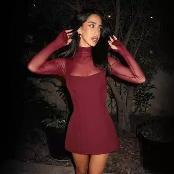 Women s Spring Fashion Temperament Mesh Patchwork Semi-high Neck Waist Dress S красный