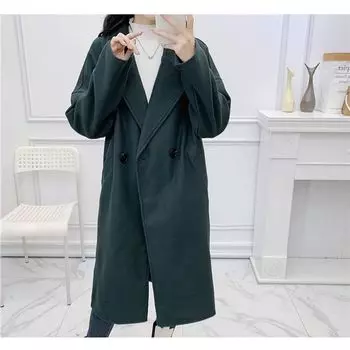 Women s Spring Fresh and Loose Long Woolen Suit Collar Dark green S
