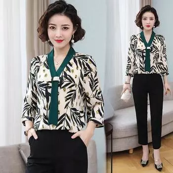 Women s Spring Loose Leaf Print V-Neck Top 5XL