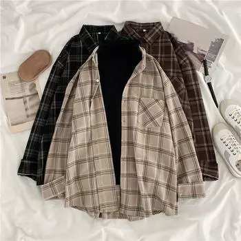 Women s Spring Loose Long Sleeve Plaid Shirt Student Retro Casual Outerwear Tops 3XL чёрный