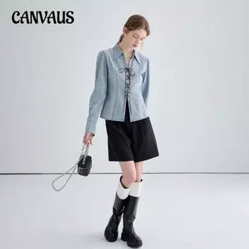 Женская весенняя новая модель джинсовой рубашки с длинным рукавом и разрезом на талии S светло-синий