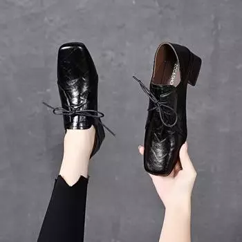 Women s spring new small single shoes square head lace-up shallow mouth women s shoes embossed cowhide women s shoes 34