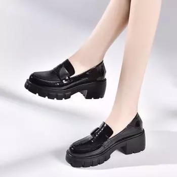 Women s spring new thick-soled muffin shoes first-layer cowhide patent leather single shoes square buckle foot small leather shoes 35