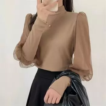 Women s Spring Outfit Thin Gauze Mesh Splicing Lantern Sleeves Slim Fit Base Shirt T-shirt Top M белый