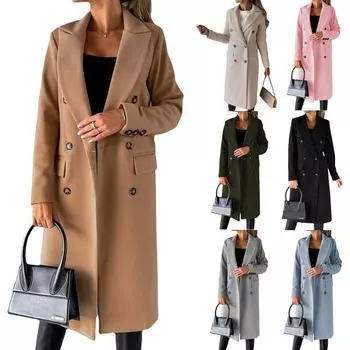 Women s Spring Set Versatile Woolen Coat Solid Color Long Sleeve Double breasted Insert Pocket XXXL