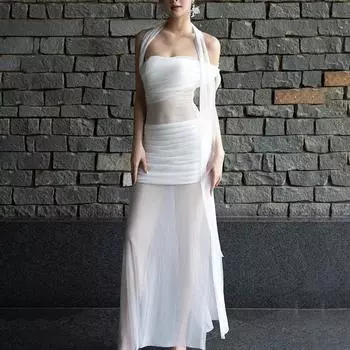 Women s Spring Sexy Pure Sweet and Spicy Wind Mesh Splicing Perspective Slim Dress S белый