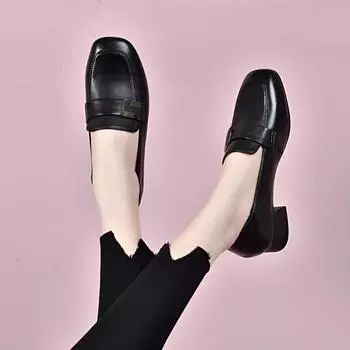 Women s spring sheepskin square head shallow mouth foot cover single shoes low heel small leather shoes work shoes 35