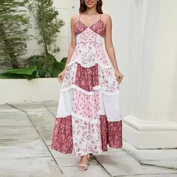 Women s Spring/Summer Casual V-Neck Floral Printed Beach Midi Dresses S красный