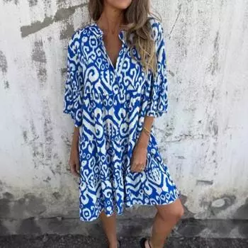 Women s Spring Summer Four-sided Elastic Casual V-neck Print Pleated Dress S синий