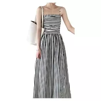 Женское весенне-летнее длинное платье трапециевидной формы без бретелек в французскую полоску с открытыми плечами и плиссированной талией M белый