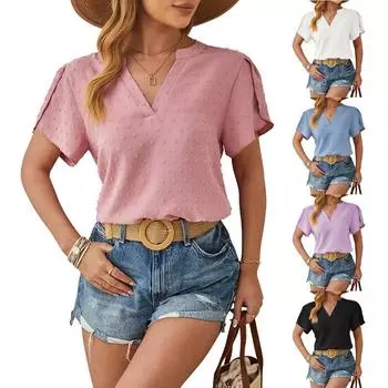 Women s Spring Summer V-neck Chiffon Ball Top with Petal Sleeves Commuter Shirt S