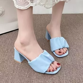 Женские тапочки с квадратной головкой, лето 2024, новые морщинистые прямые туфли на высоком каблуке, размеры 35-42 35 бежевый