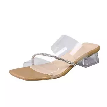 Women s square head thick heel cool slippers women s new one-word with fine diamond beach shoes sexy high-heeled slippers 35