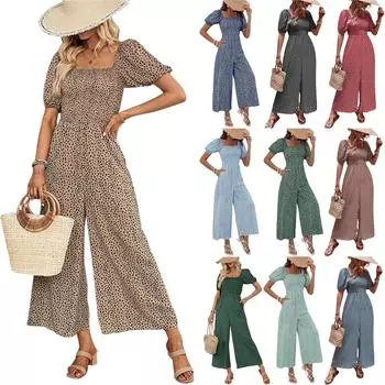 Women s Square Neck Puff Sleeve Wide Leg Printed Jumpsuit XL