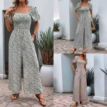 Women s Square Neck Puff Sleeve Wide Leg Printed Jumpsuit L синий