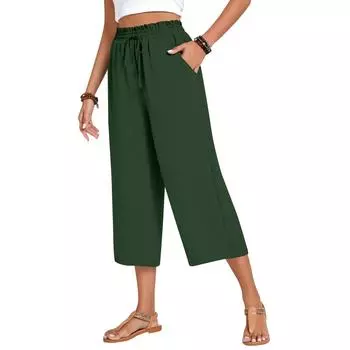 Women s Square Pocket Elastic Waist Cropped Pants Casual Cotton And Linen Pants L армия зеленый