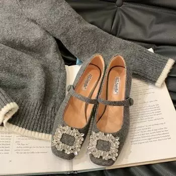 Women s square toe shallow mouth fashion single shoes artificial short plush one-step rhinestone decoration party women s shoes 35