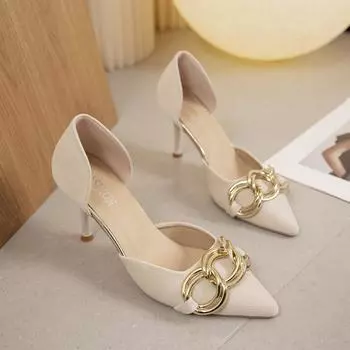 Women s Stiletto Heels Spring New Pointed Toe Large Metal Chain Shallow Hollow Breathable Single Shoes 35 телесный
