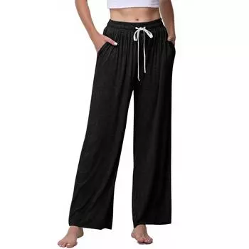 Women s Straight Leg Pants Super Soft Casual Pajamas Home Pants With Pockets XL чёрный