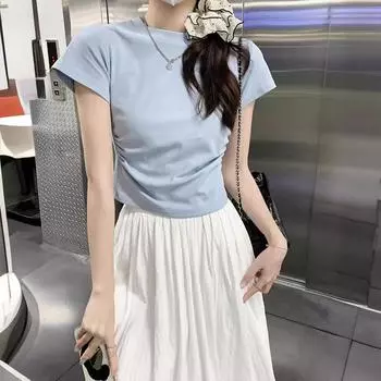 Women s Straight Shoulder Pleated Slim Fit Short-Sleeve T-Shirt - 2025 Summer Style XL