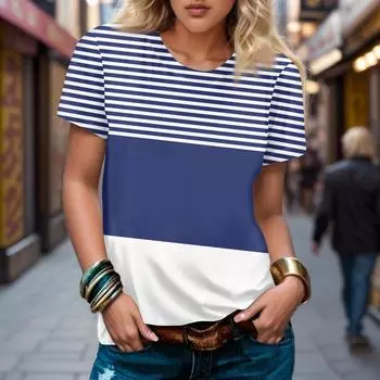 Women s Striped 3D Printe Round Neck Short Sleeve T Shirt S