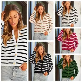 Women s Striped Cardigan Sweaters Fall Outfits Clothes Fashion Trendy Long Sleeve Tops Casual Knit Lady Jackets S белый