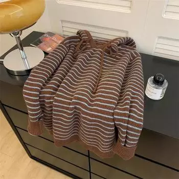 Women s Striped Hooded Knitted Sweater Contrasting Color Drawstring Design Lady Pullover Autumn Lazy Style Outerwear Top One Size