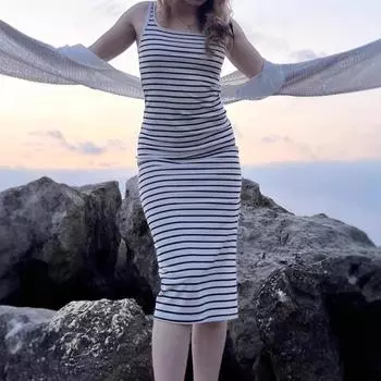 Women s Striped Knitted Camisole Dress Summer Sleeveless Waist Cinched Long Beach Vacation Bag Hip Casual Dresses S