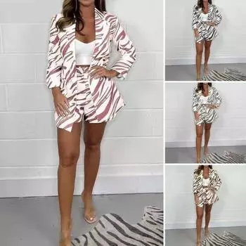 Women s Striped Print 2 Piece Outfit Long Sleeve Open Front Blazer Jacket with Shorts Set Casual Office Suit Set S зелёный