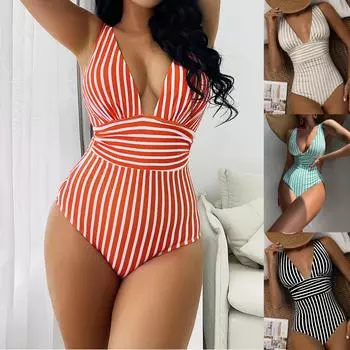 Женский полосатый купальник с принтом. Женский цельный купальник с высокой талией на бретельках. M зелёный