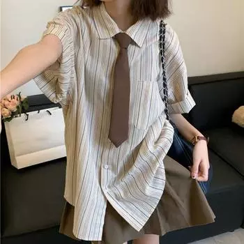 Women s Striped Shirt Casual Baggy Cardigan Short-sleeved Shirts Tops Preppy Style Vintage Harajuku Summer Clothing S