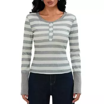 Женские полосатые топы с длинным рукавом и V-образным вырезом, облегающие рубашки Henley, блузки в стиле гранж Fairy S серый